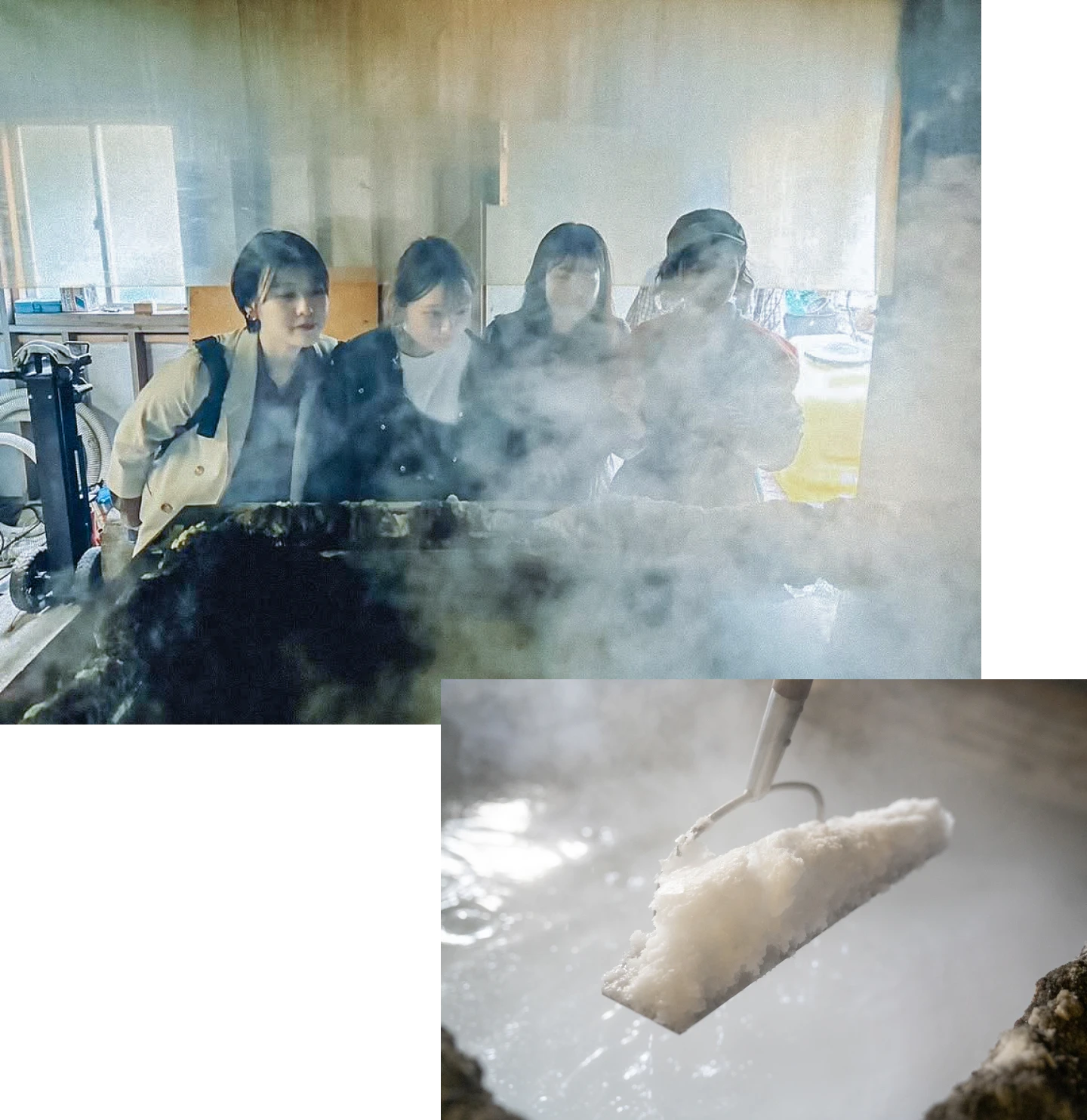 塩工房見学をしている画像、塩を釜から引き上げている
                  画像