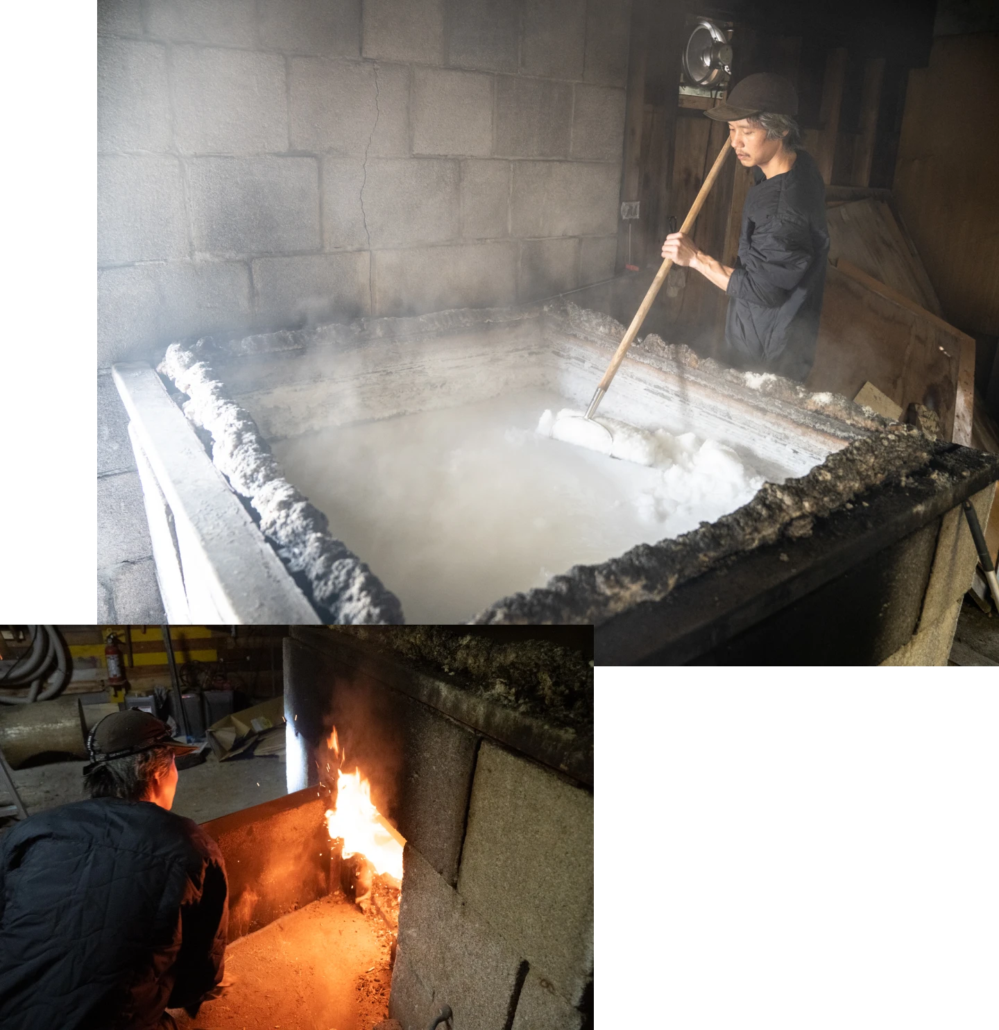 塩釜で作業をしている画像、釜戸に薪を入れている画像